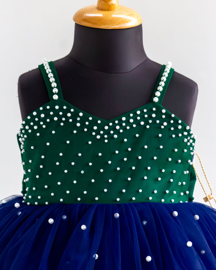 Strap Yoke Detail – Navy Blue &amp; Bottle Green Pearl Gown – Stanwells Kids