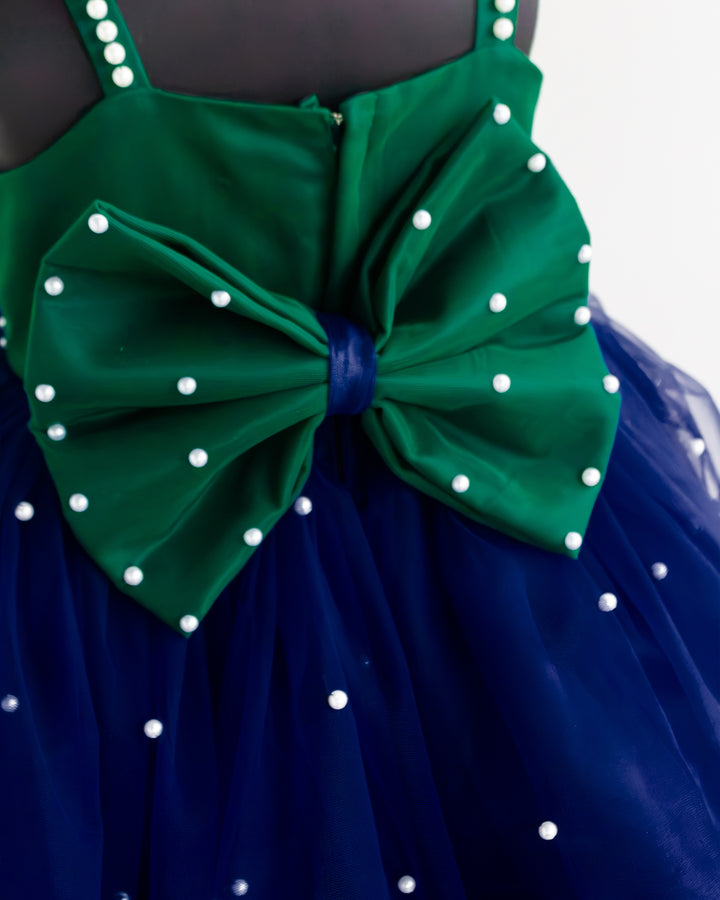 Navy Blue Peacock Gown – Side View – Premium Birthday Gown – Stanwells Kids