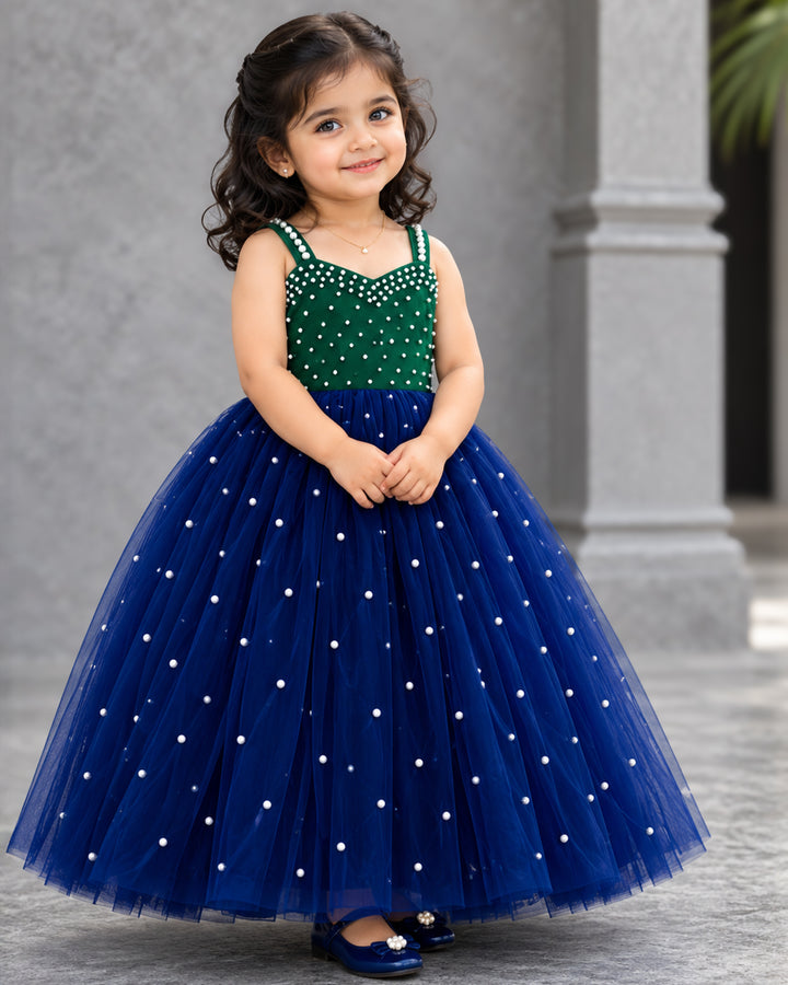 Navy Blue &amp; Bottle Green Peacock Theme Pearl Gown – Front View – Stanwells Kids