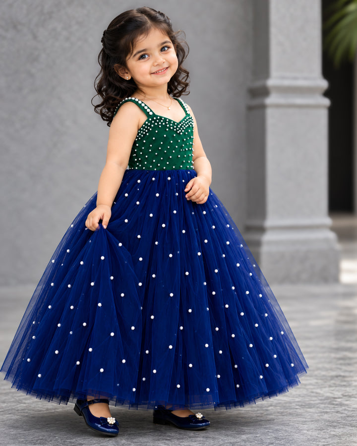 Navy Blue Peacock Gown with Bottle Green Net Layer – Stanwells Kids
