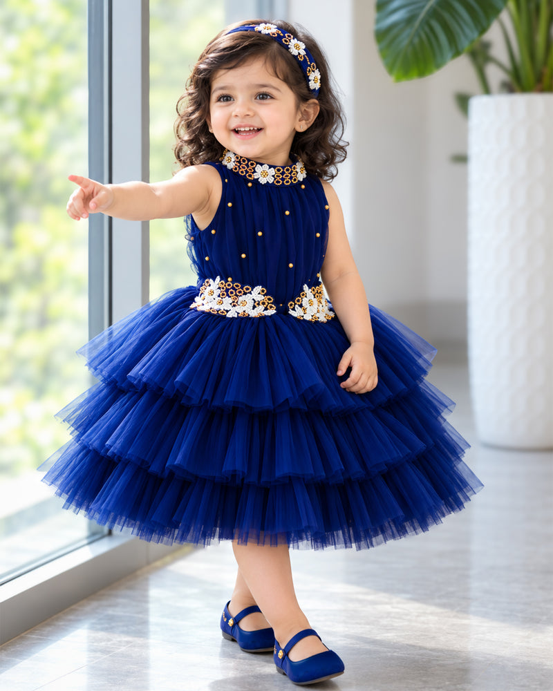 Navy Blue Halter Neck Applique Embroidery Three-Layered Frock for Baby Girl – Stanwells Kids
