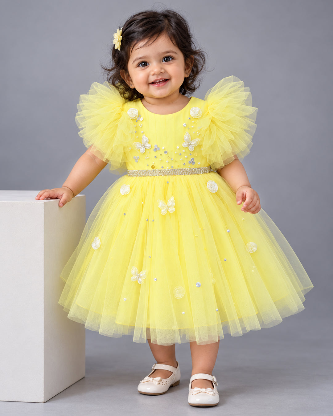 Neon Yellow Butterfly Applique Designer Frock for Baby Girl – Stanwells Kids