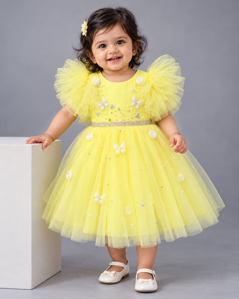 Neon Yellow Butterfly Applique Designer Frock for Baby Girl – Stanwells Kids
