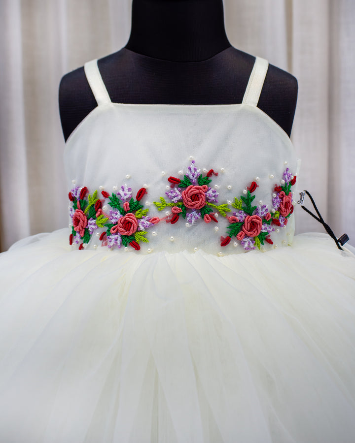 off white birthday dress for baby girls, hand embroidered frock, elegant partywear baby dress, baby girls off white frock, stanwells kids birthday collection