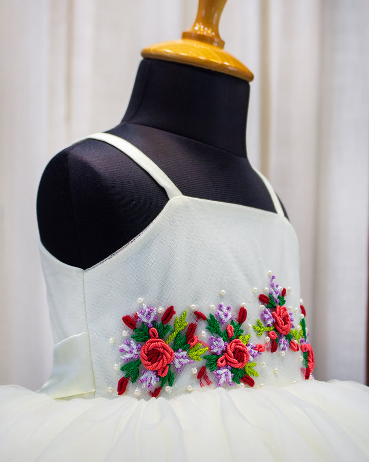 off white birthday dress for baby girls, hand embroidered frock, elegant partywear baby dress, baby girls off white frock, stanwells kids birthday collection