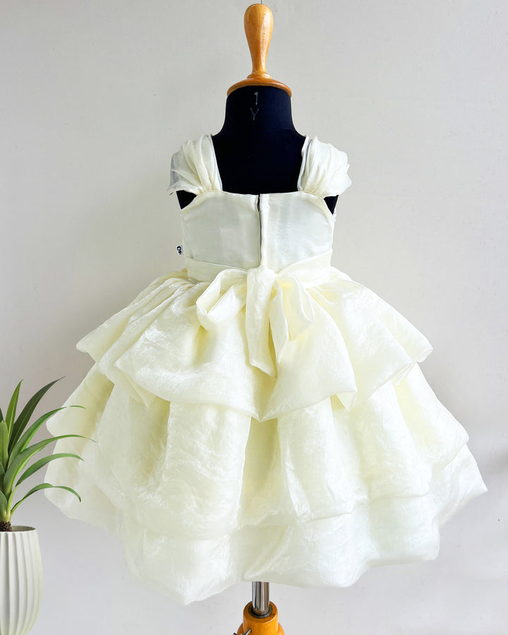 Off white premium silk baby girl birthday dress, western style frock, layered partywear dress, kids birthday outfit for girls