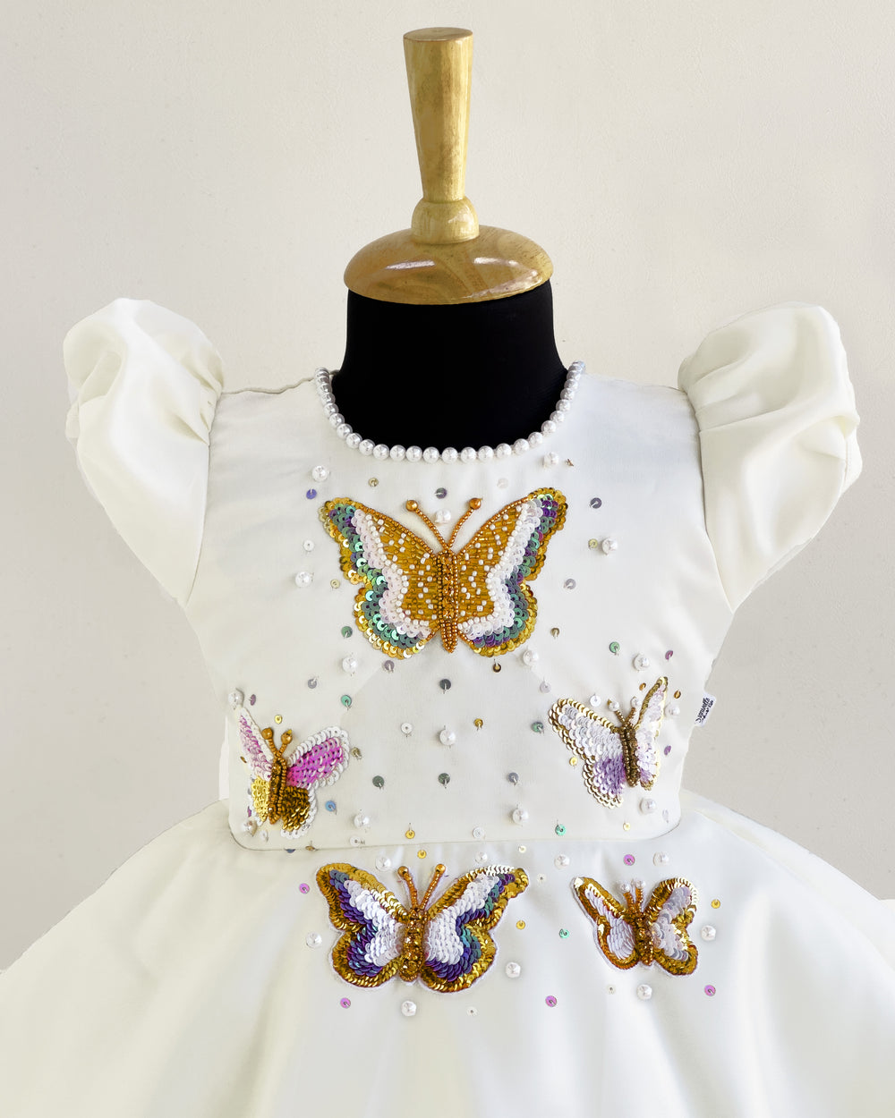 off white silky satin butterfly applique frock for baby girls, birthday dress, party wear frock, elegant kids wear