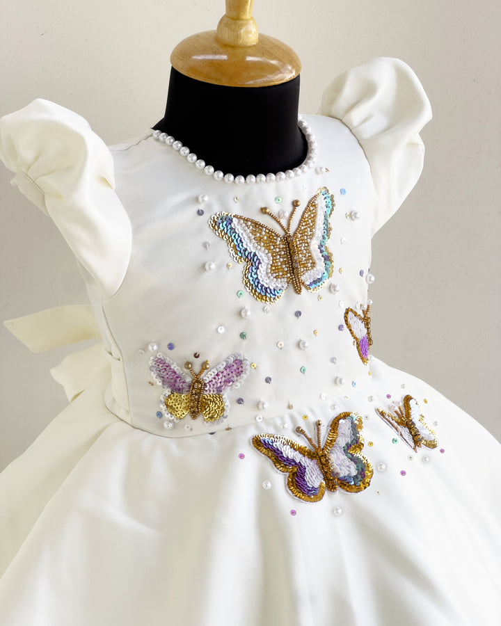 off white silky satin butterfly applique frock for baby girls, birthday dress, party wear frock, elegant kids wear