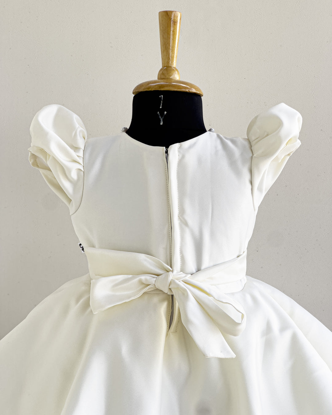 off white silky satin butterfly applique frock for baby girls, birthday dress, party wear frock, elegant kids wear