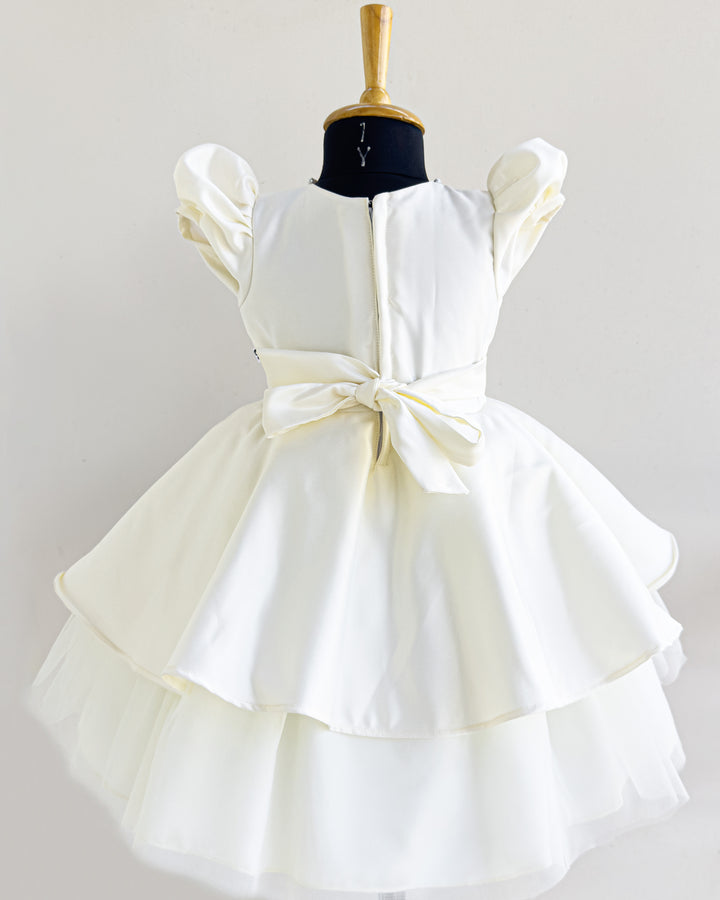 off white silky satin butterfly applique frock for baby girls, birthday dress, party wear frock, elegant kids wear