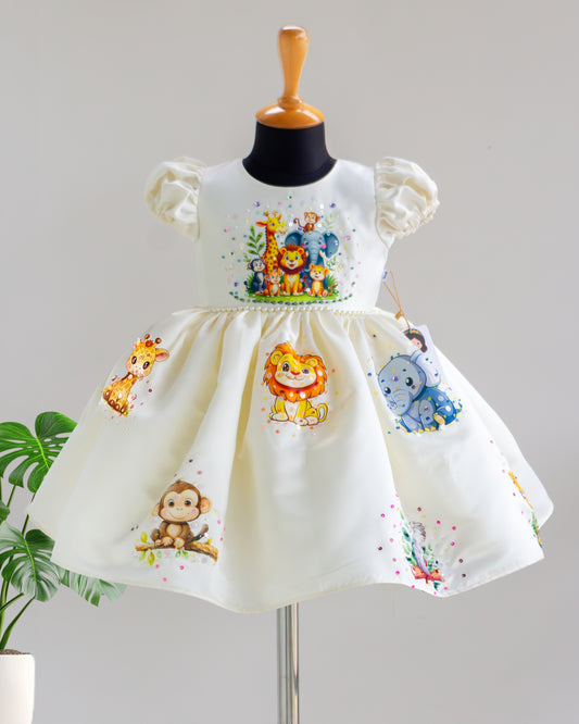 Off white silky satin jungle theme handwork partywear frock for baby girl – front view, Stanwells Kids