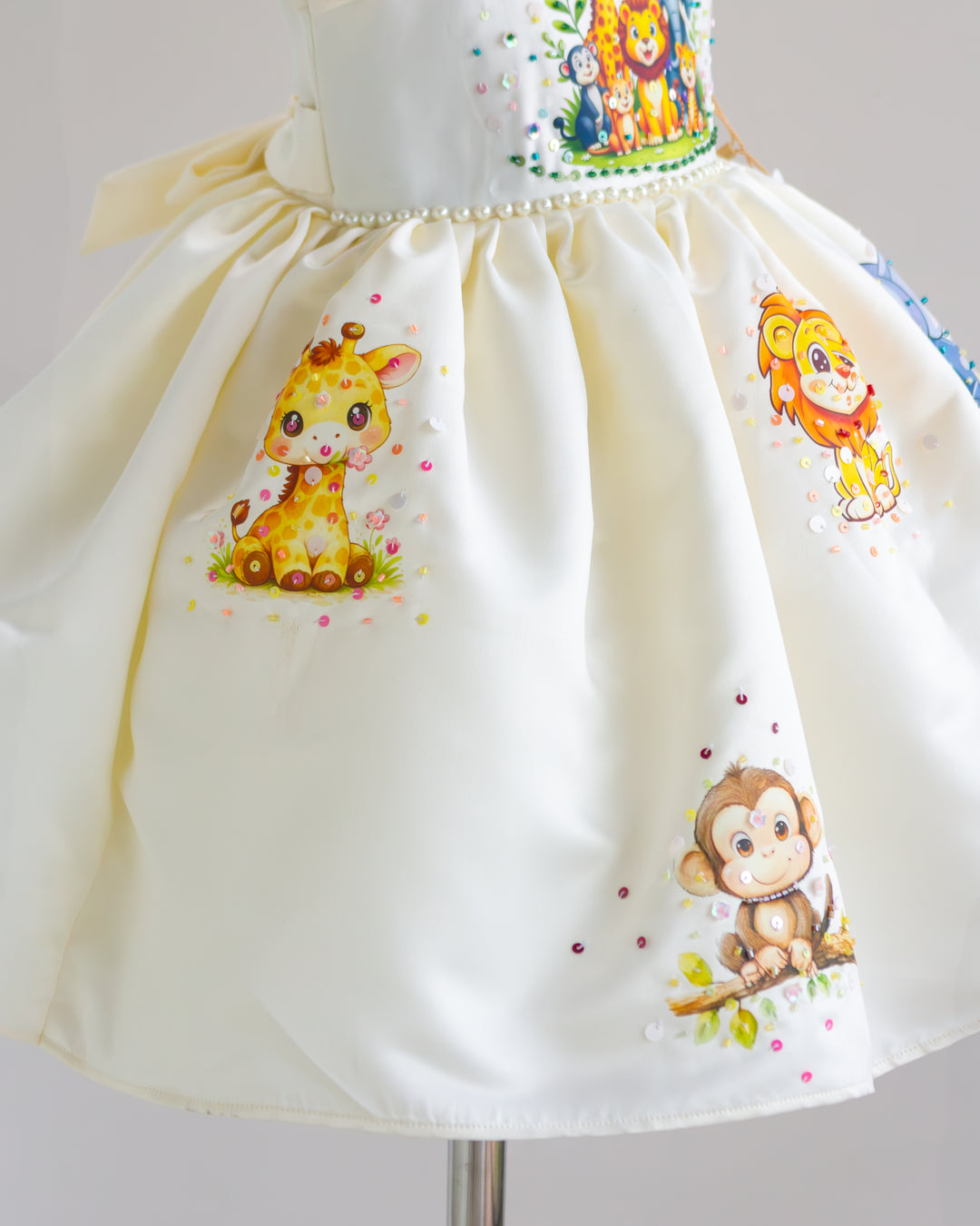 Premium silky satin jungle theme birthday frock side view – Stanwells Kids