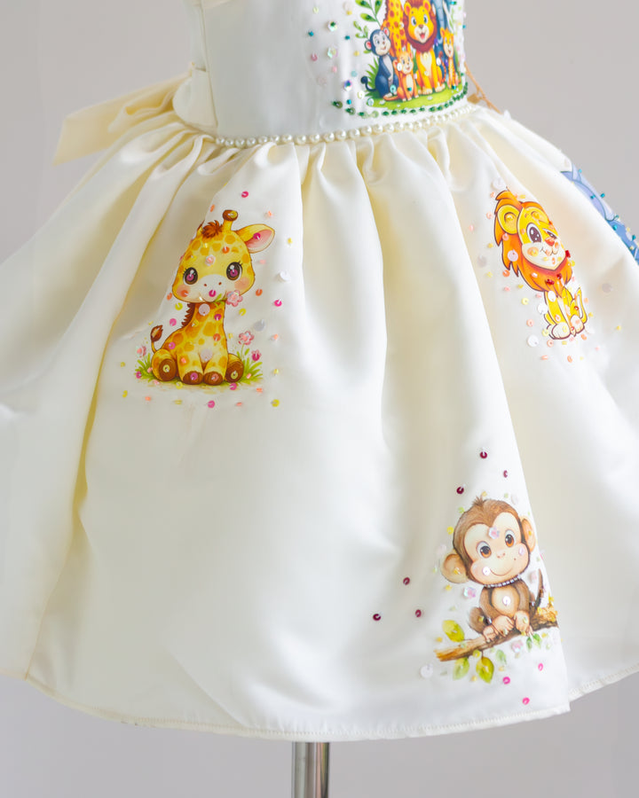 Premium silky satin jungle theme birthday frock side view – Stanwells Kids