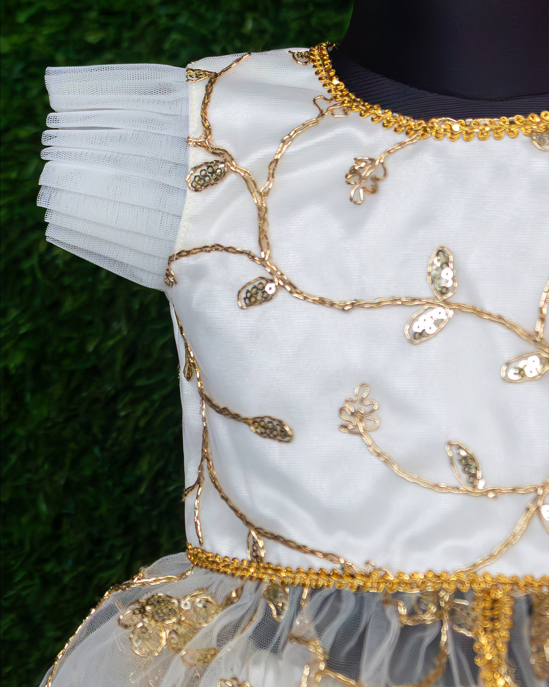Heavy long ruffled skirt on off white gold embroidery net lehenga – Stanwells Kids