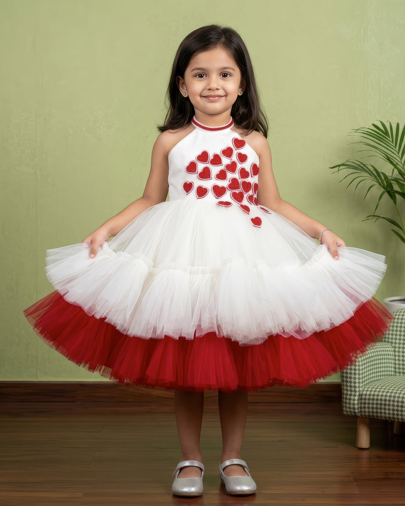 Off-White Shade Heart Shape Embroidery Handwork Baby Girls Partywear Frock