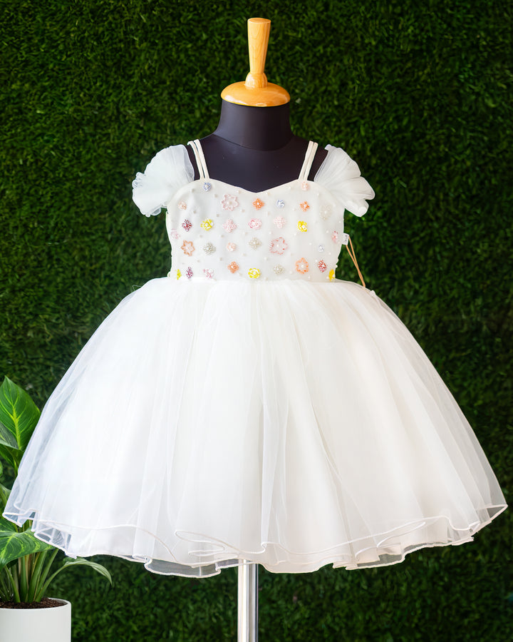 Off white shade handwork princess partywear frock for baby girl – front view, Stanwells Kids