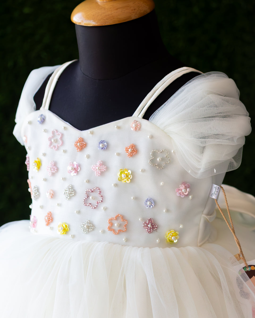 Heavy sequins and princess handwork yoke on off white partywear frock – Stanwells Kids