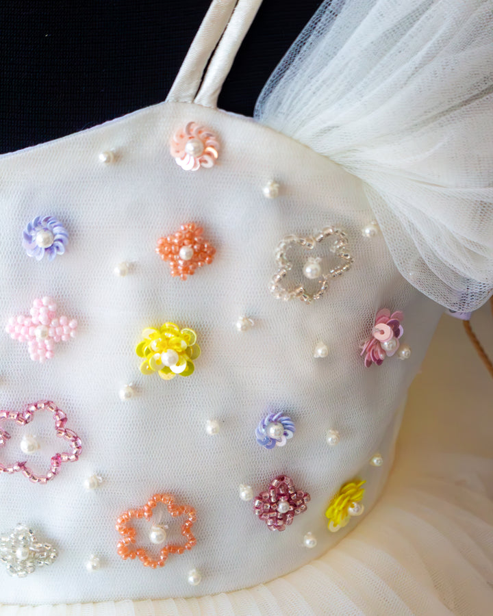 Side view of off white handwork princess partywear birthday frock – Stanwells Kids