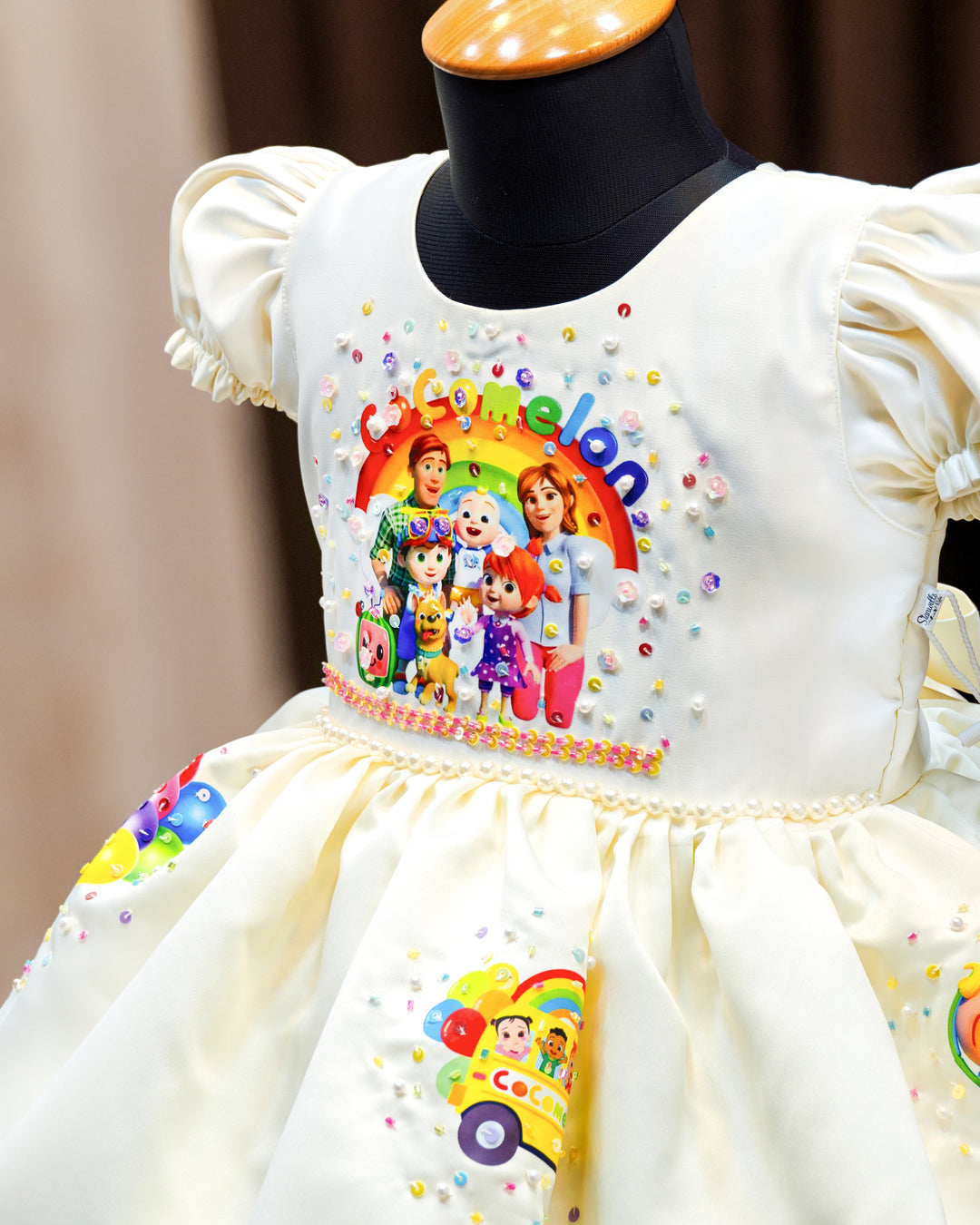 Premium off white satin Cocomelon theme frock layered skirt for baby girl – Stanwells Kids