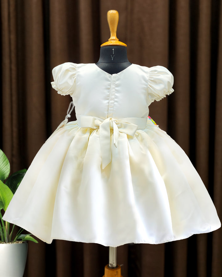Off white satin Cocomelon theme handwork birthday frock full look – Stanwells Kids