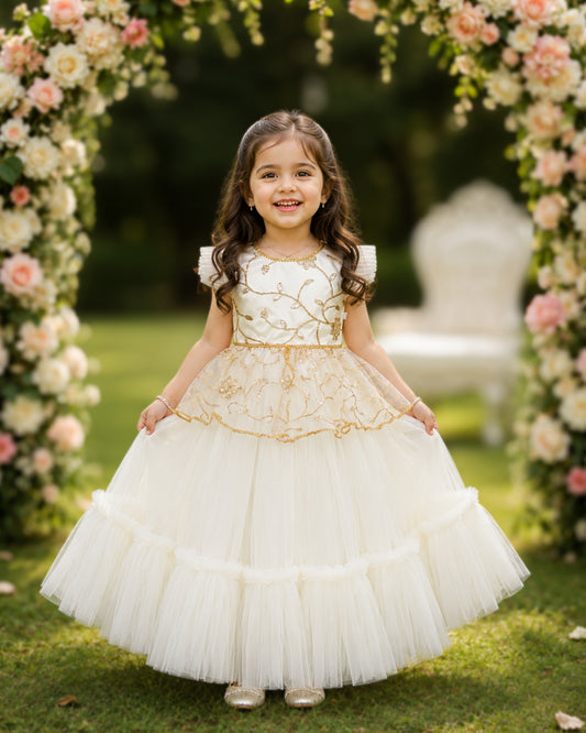 Off white and gold thread embroidery net lehenga choli for baby girl – front view, Stanwells Kids