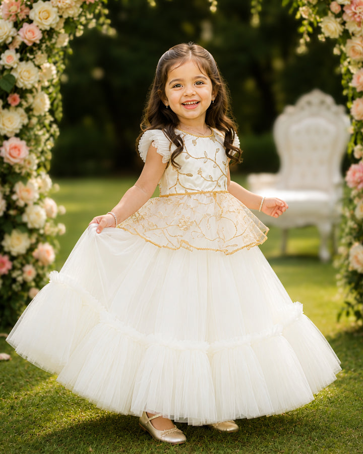Off white and gold thread embroidery net lehenga choli for baby girl – front view, Stanwells Kids