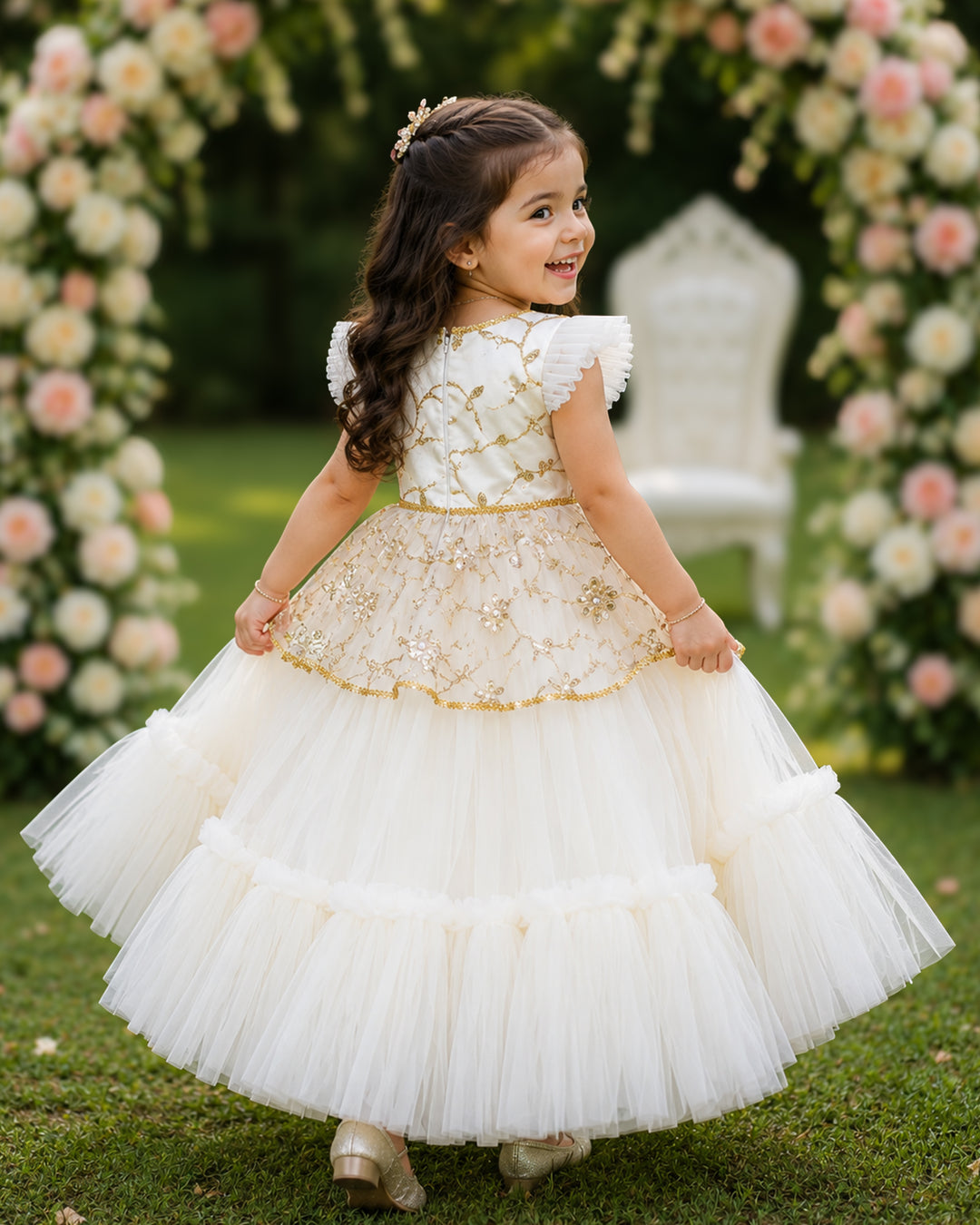 Off white gold thread embroidery lehenga choli full look for baby girl – Stanwells Kids