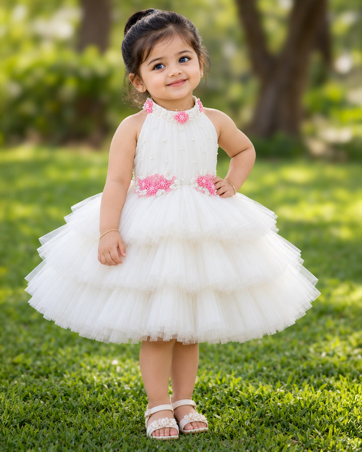 Off White Halter Neck Hand Embroidery Three Step Birthday Frock – Stanwells Kids