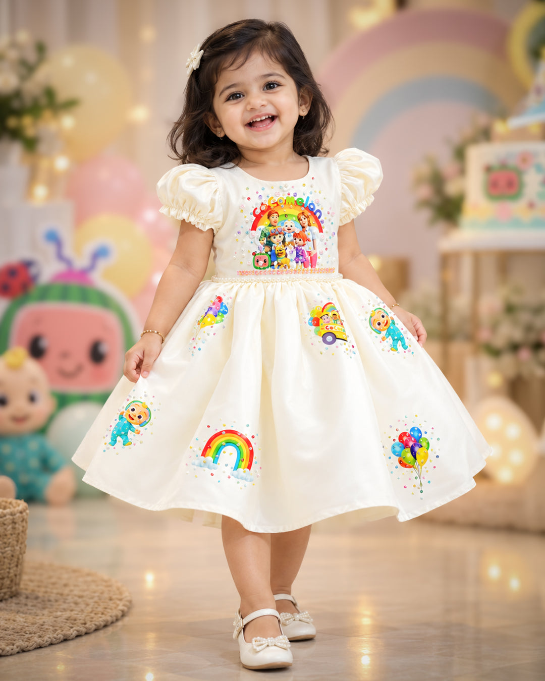 Off white silky satin Cocomelon theme handwork birthday frock for baby girl – front view, Stanwells Kids