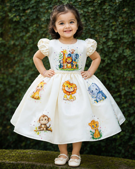 Off white silky satin jungle theme handwork partywear frock for baby girl – front view, Stanwells Kids
