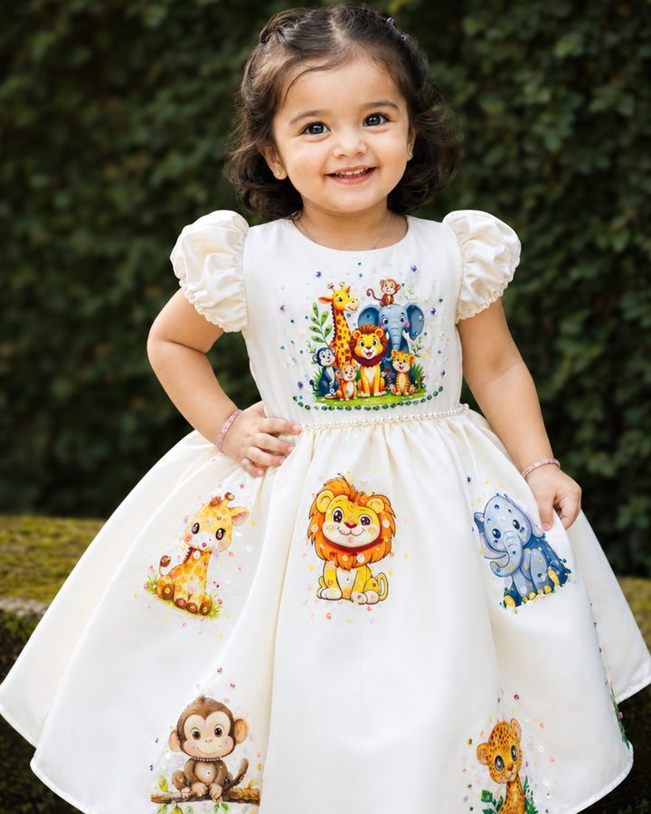 Off white silky satin jungle theme handwork partywear frock for baby girl – front view, Stanwells Kids