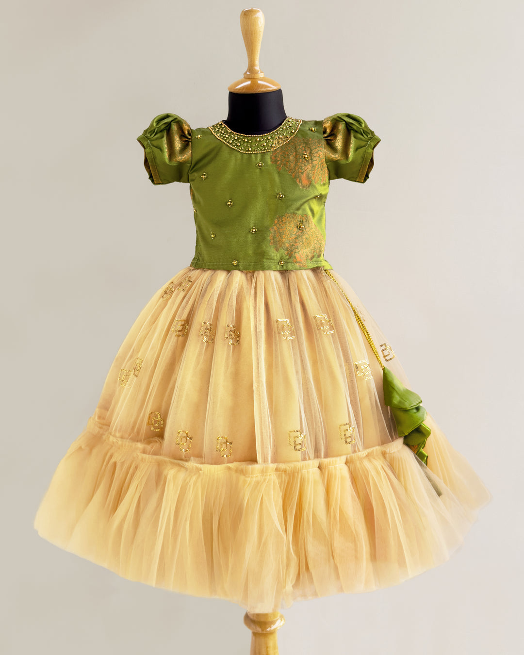 Olive Green Silk & Gold Lehenga Choli | Birthday Dress for Baby Girls Stanwells Kids Olive Green Silk & Gold Lehenga Choli | Birthday Dress for Baby Girls Stanwells Kids
