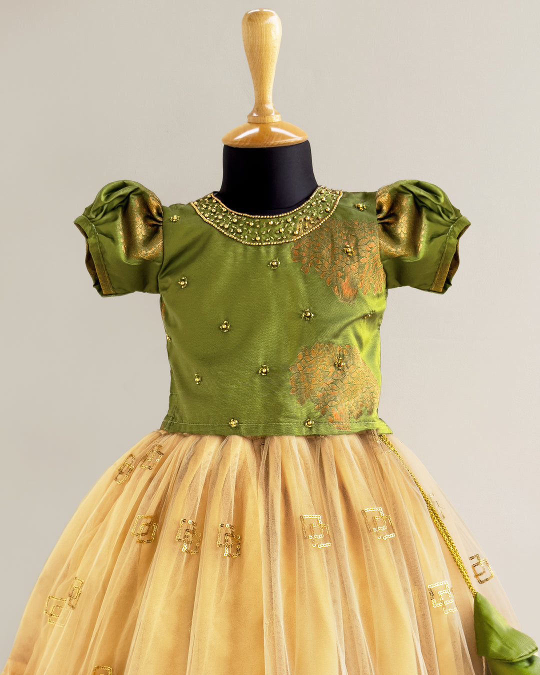 Olive Green Silk & Gold Lehenga Choli | Birthday Dress for Baby Girls Stanwells Kids Olive Green Silk & Gold Lehenga Choli | Birthday Dress for Baby Girls Stanwells Kids