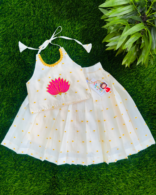 Onam special cream silk lotus hand embroidery lehenga for baby girl – front view, Stanwells Kids