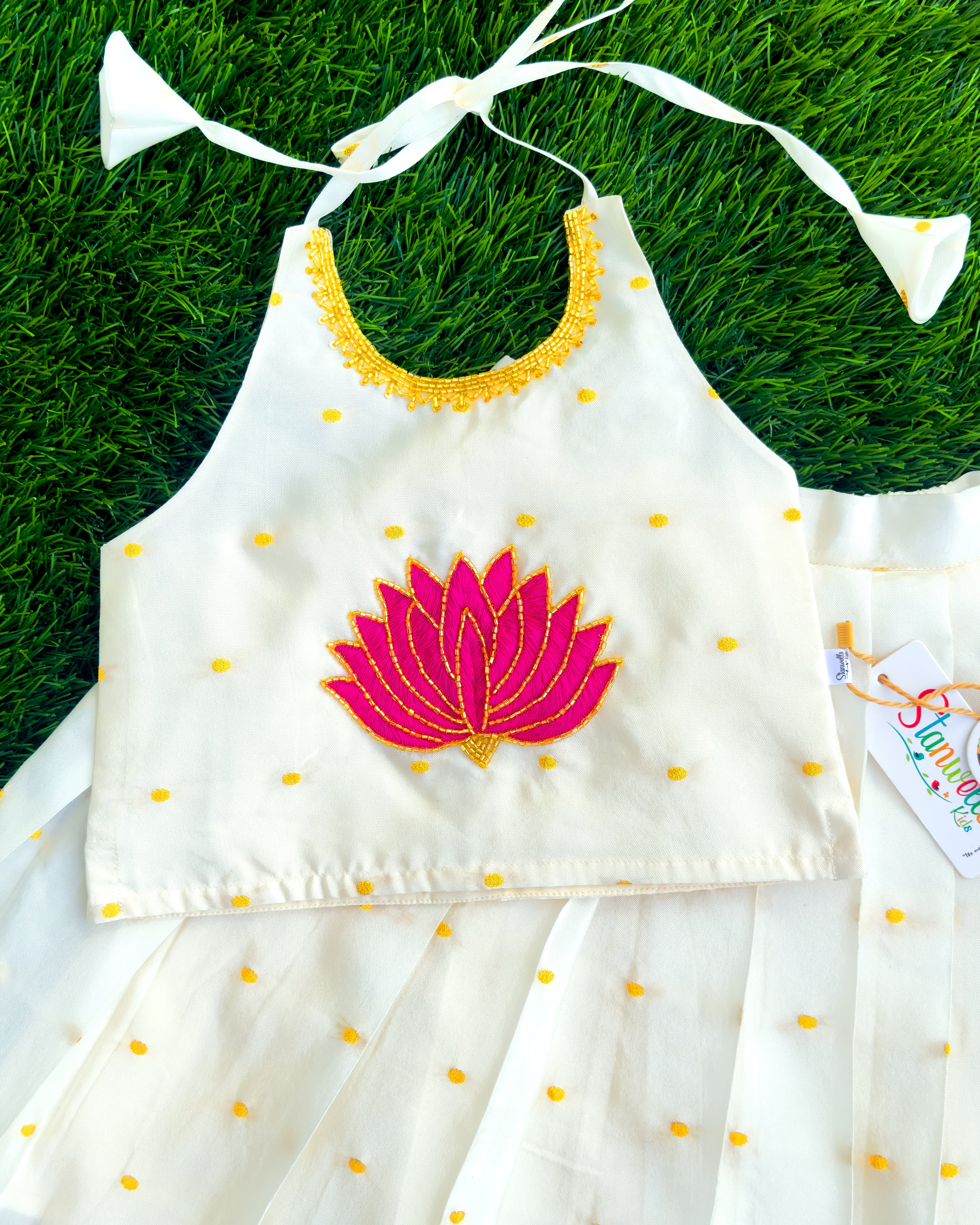 Onam Cream Silk Lotus Hand Embroidery Lehenga | Stanwells Kids