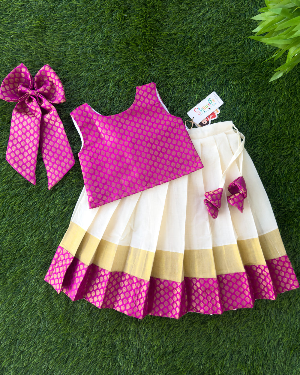 Onam special cream and pink Kasavu lehenga choli for baby girl, Stanwells Kids
