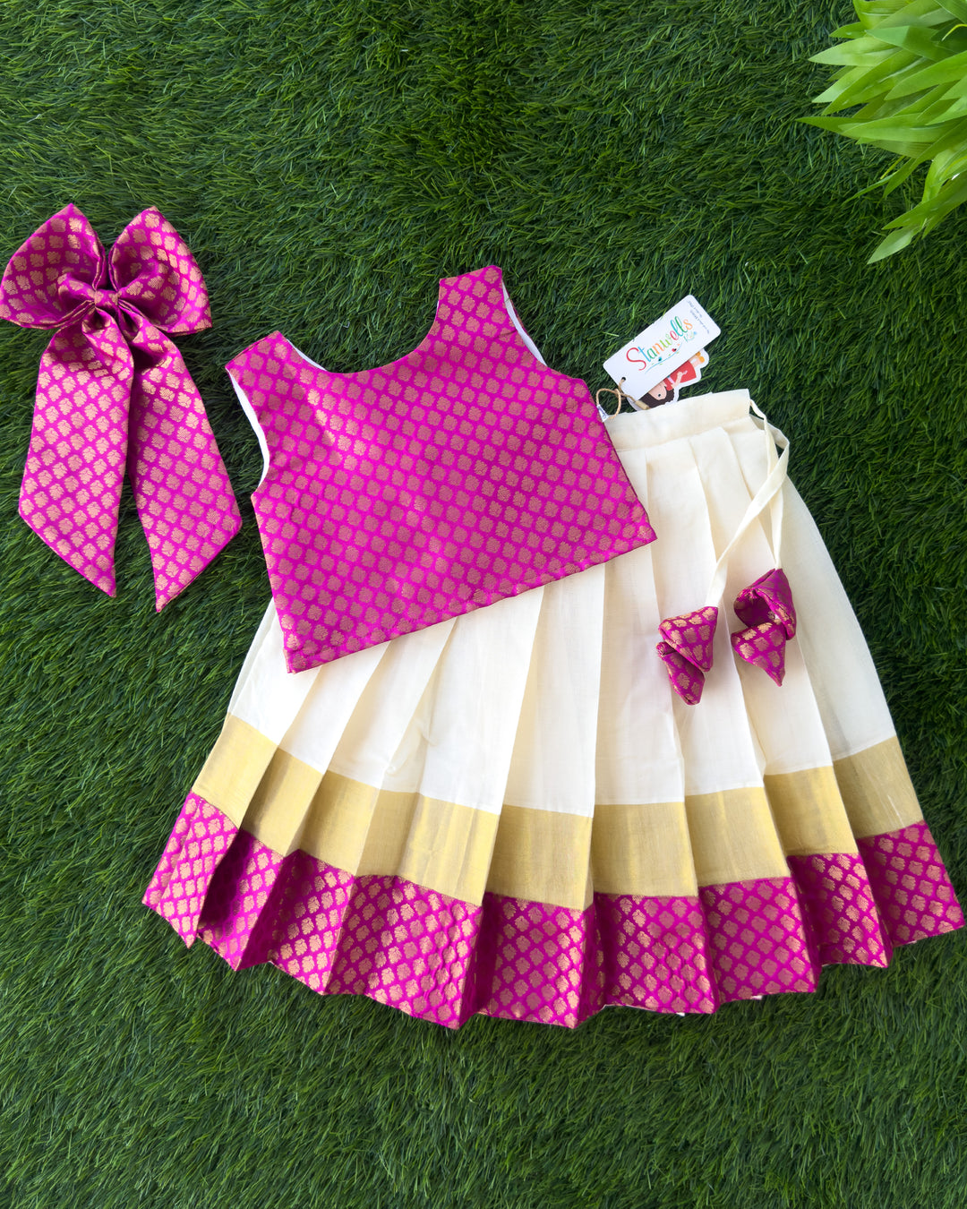 Onam special cream and pink Kasavu lehenga choli for baby girl, Stanwells Kids