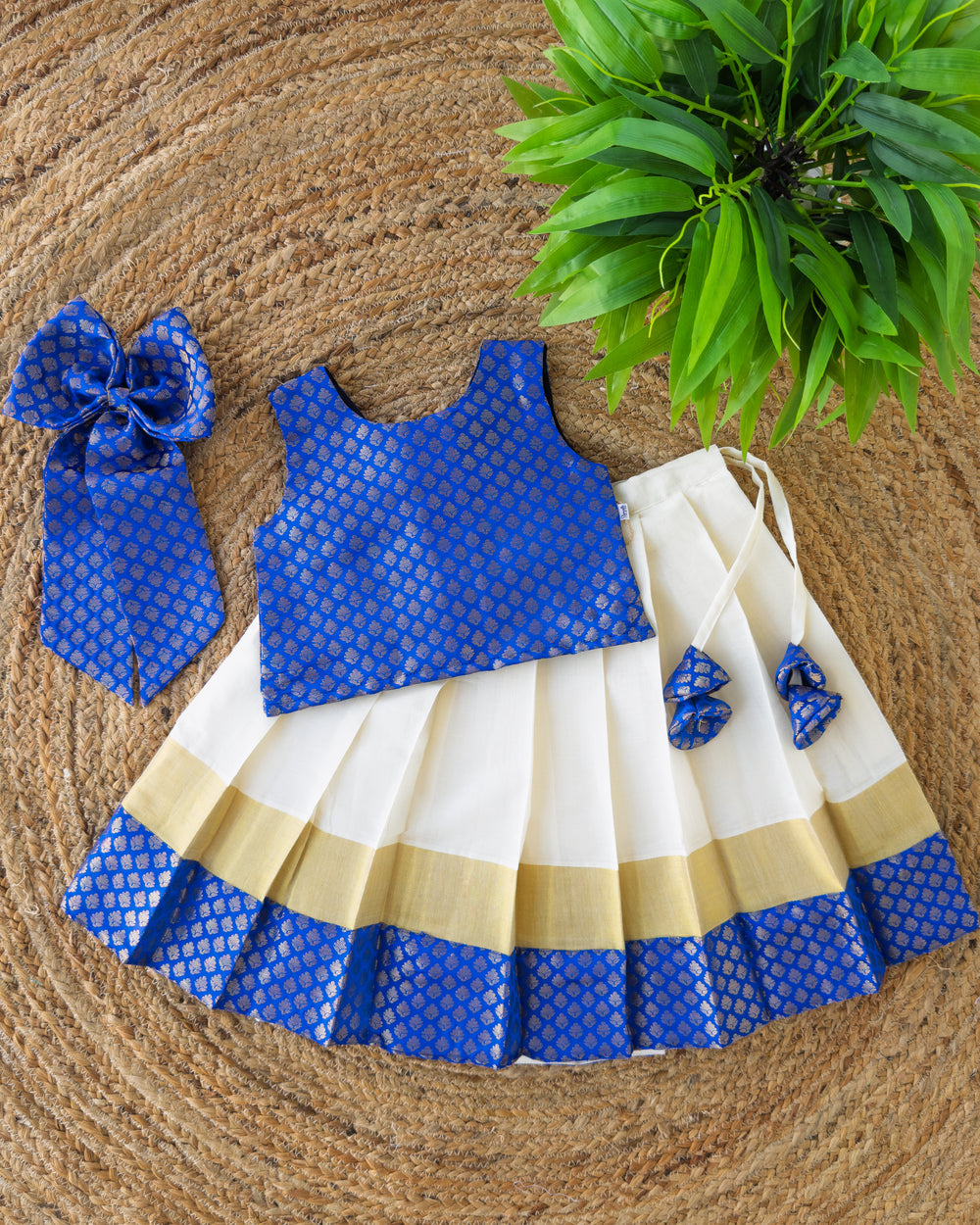 Onam special cream and royal blue Kasavu lehenga choli for baby girl, Stanwells Kids