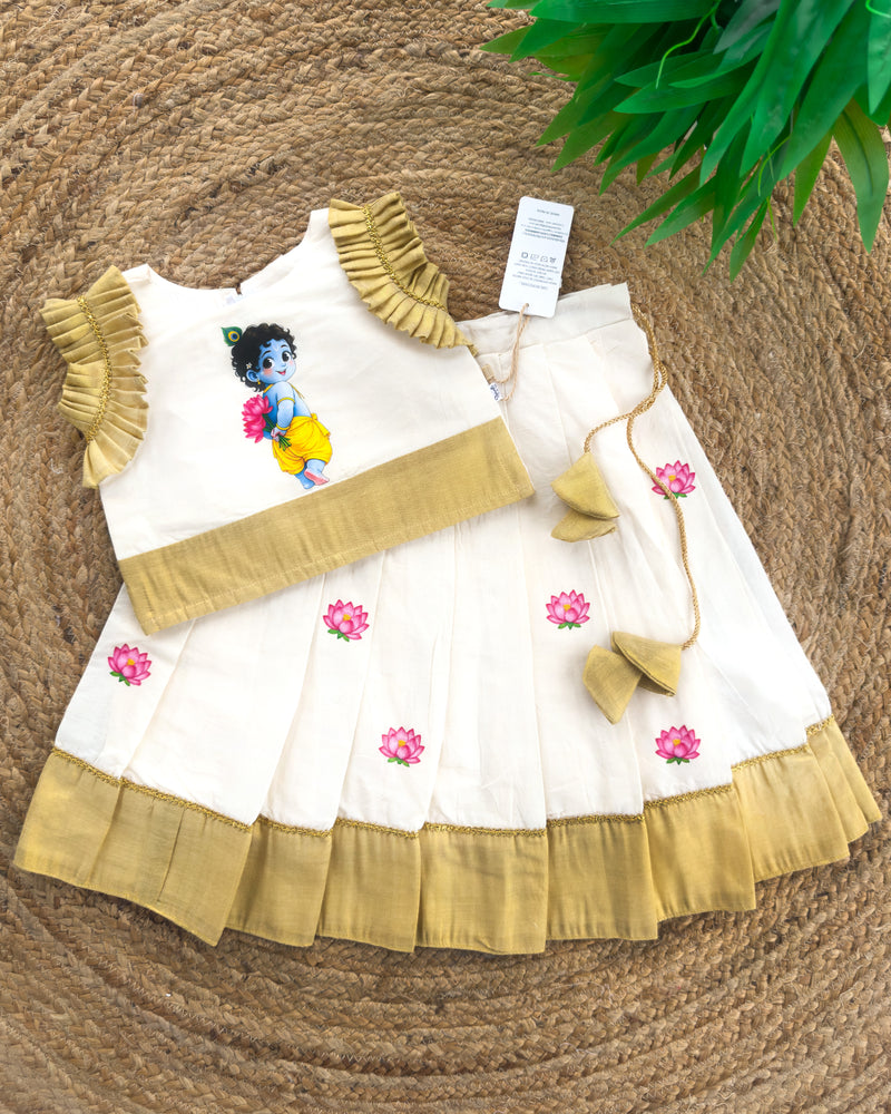 Onam Special Krishna Photo Kasavu Lehenga Choli for Baby Girl – Stanwells Kids