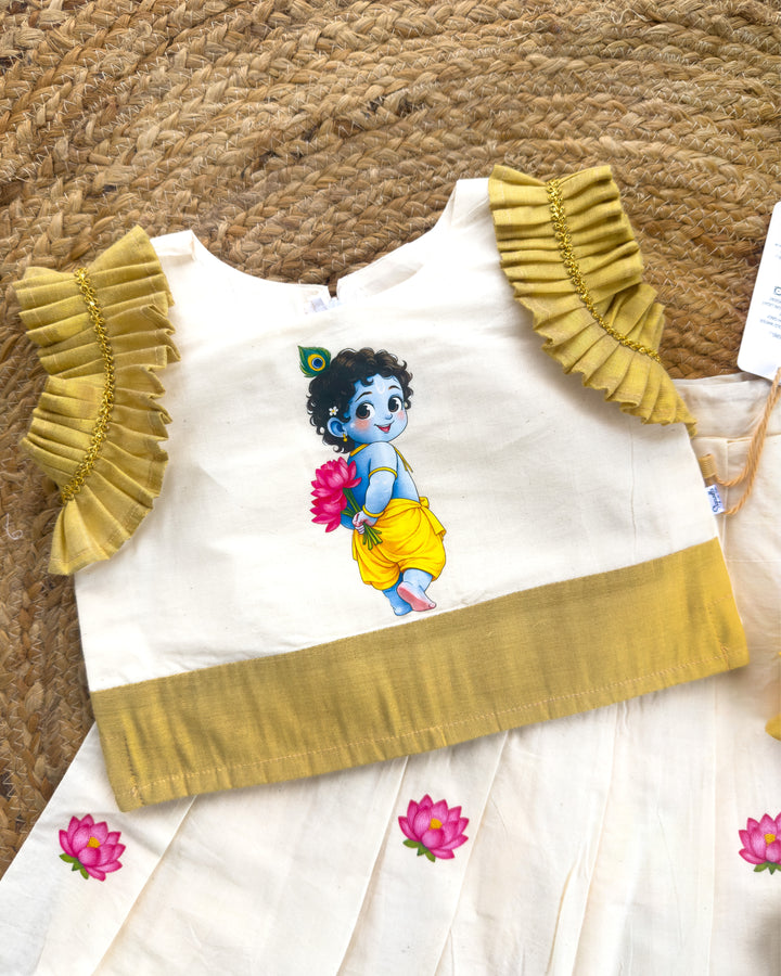 Cream Kerala cotton Krishna photo lehenga choli for Onam – Stanwells Kids