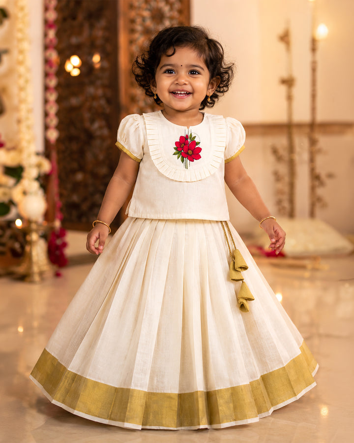 Onam special cream golden Kasavu flower lehenga choli – front view, Stanwells Kids
