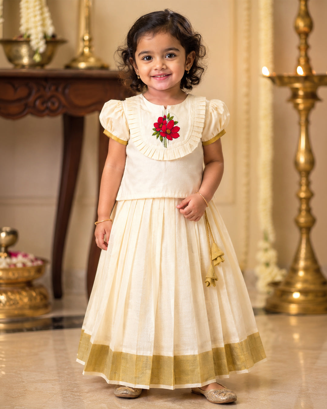 Onam special cream golden Kasavu flower lehenga choli – front view, Stanwells Kids