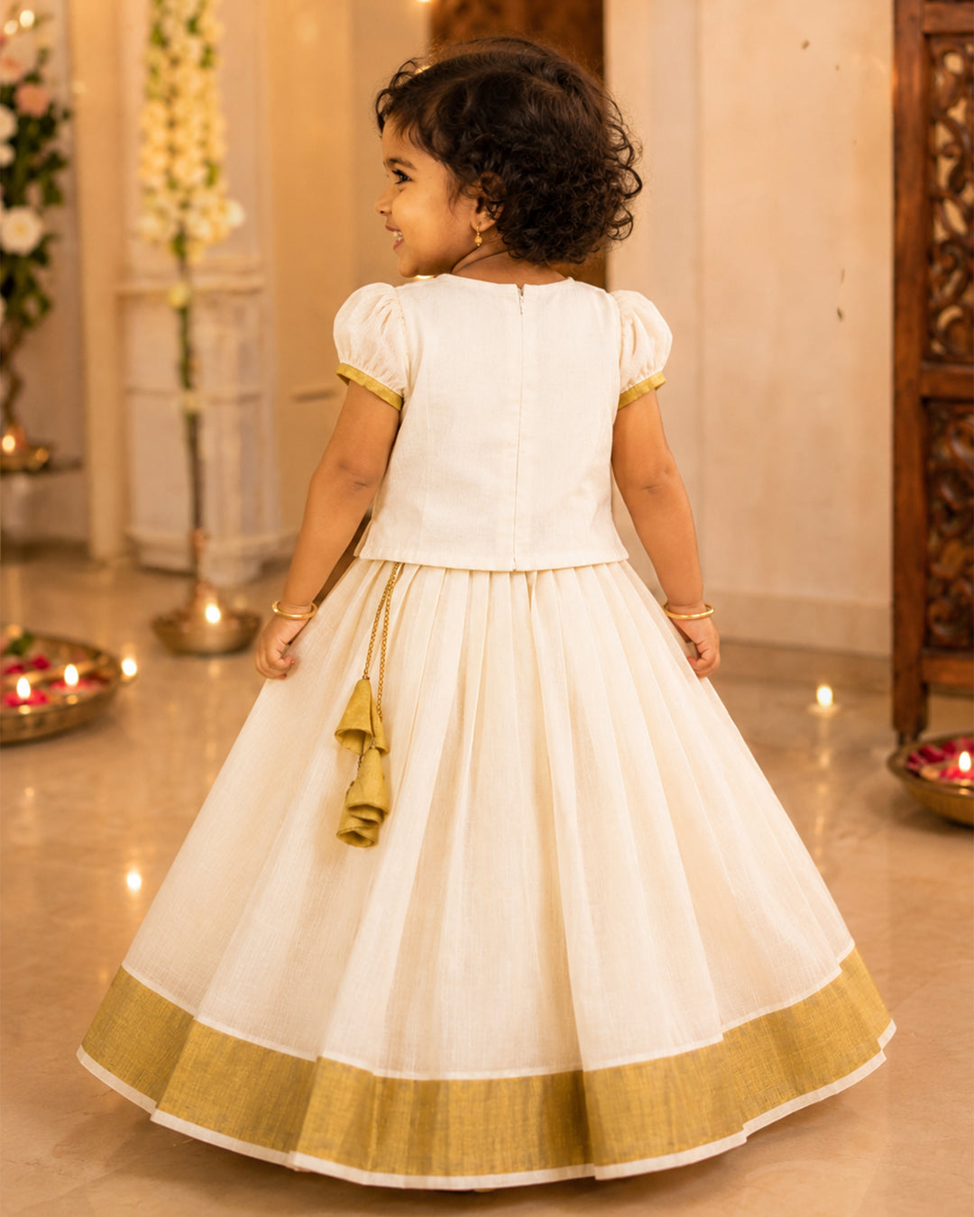 Onam special cream golden Kasavu flower lehenga choli – front view, Stanwells Kids