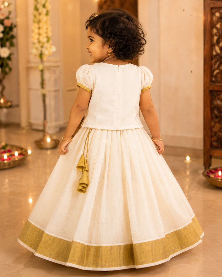 Onam special cream golden Kasavu flower lehenga choli – front view, Stanwells Kids