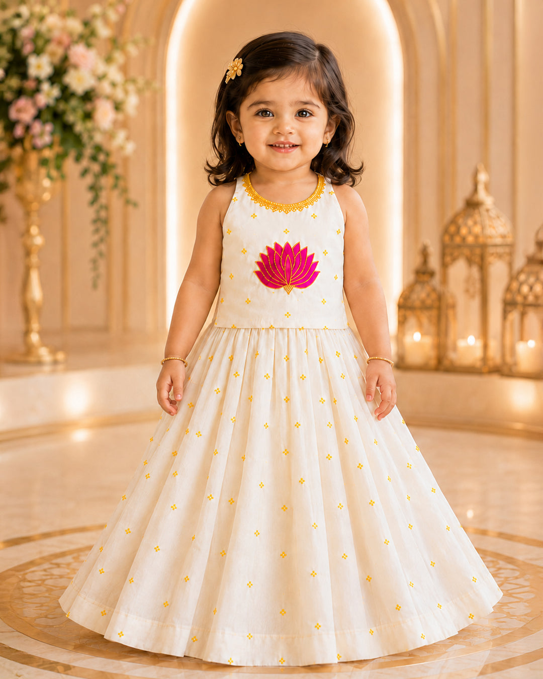 Onam Special Cream Silk Lotus Hand Embroidery Lehenga for Baby Girl – Stanwells Kids