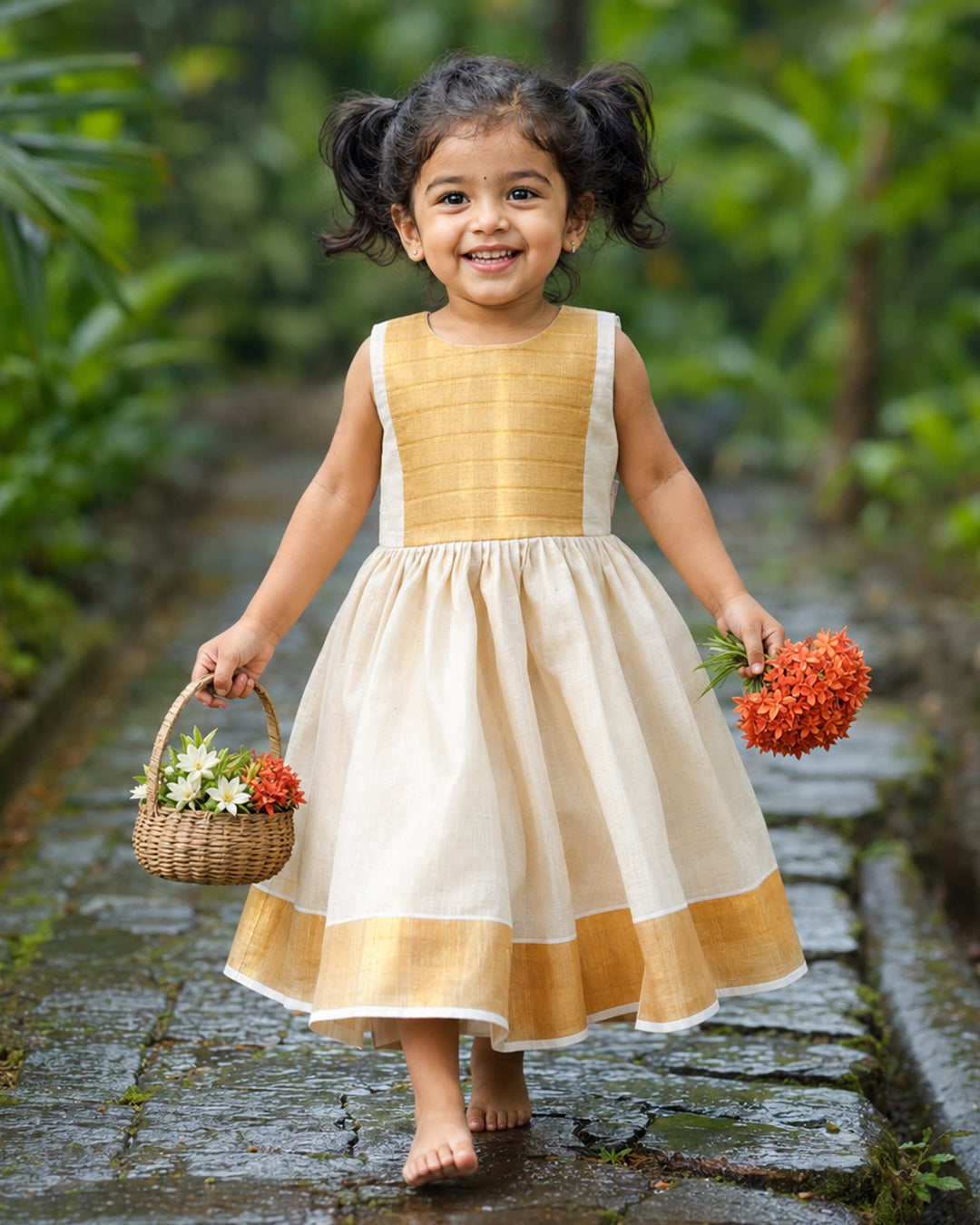 Onam special golden tissue frock for baby girl – front view, Stanwells Kids