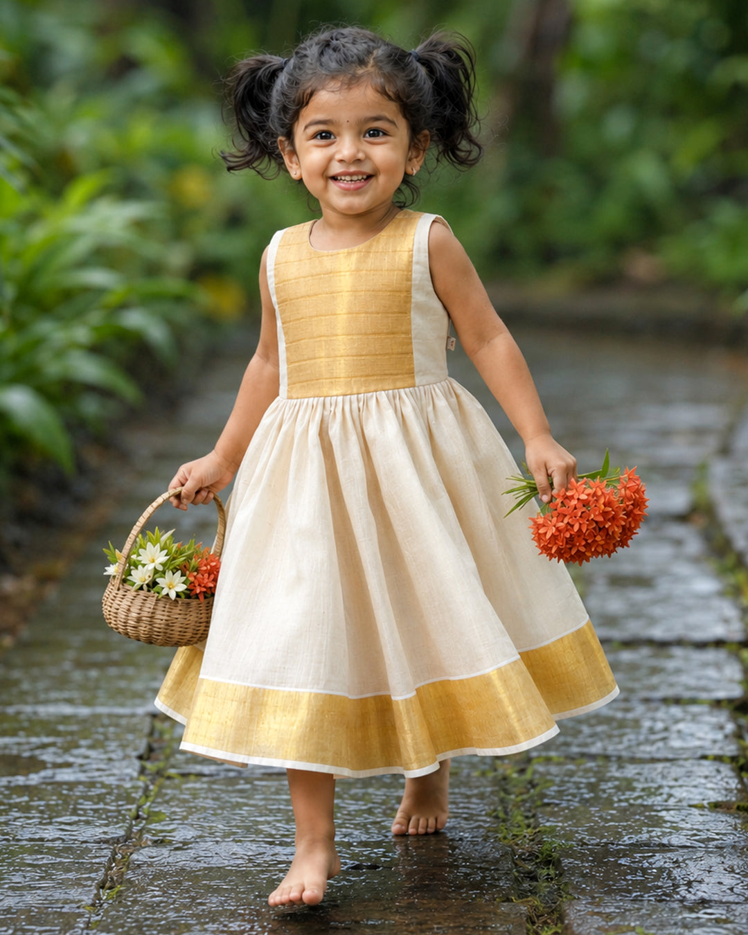 Cream base with golden Kasavu accents on Onam tissue frock – Stanwells Kids