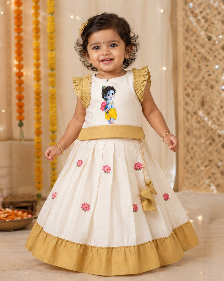 Onam special Krishna photo Kasavu lehenga for baby girl – front view, Stanwells Kids
