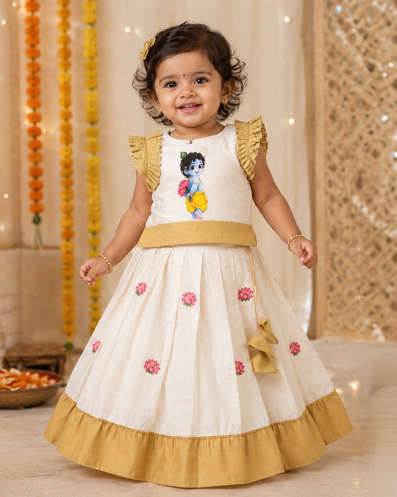 Onam Special Krishna Photo Kasavu Lehenga Choli for Baby Girl – Stanwells Kids
