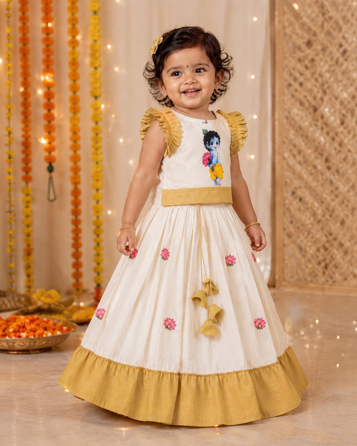 Onam special Krishna photo Kasavu lehenga for baby girl – front view, Stanwells Kids